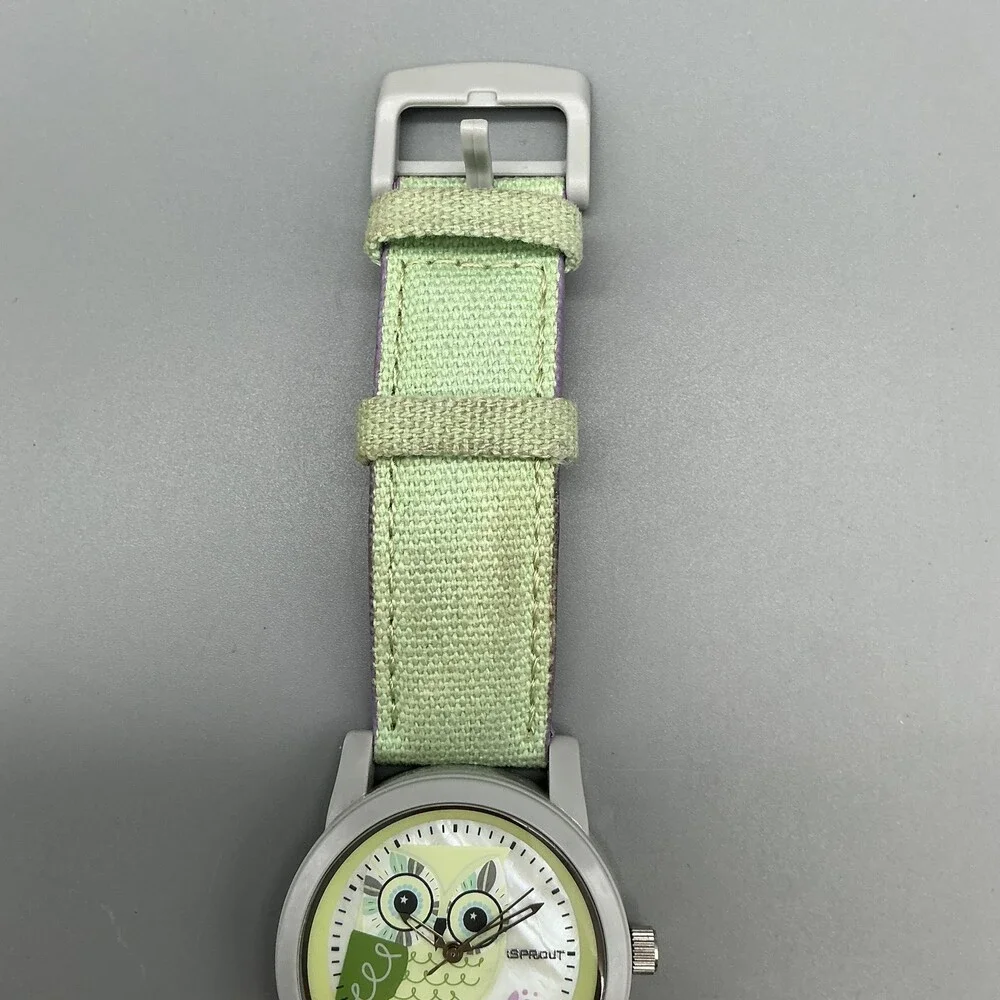 Sprout Girls Watch 38mm Owl MOP Dial Green Gray Case Canvas Strap New Battery